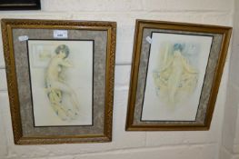 Two reproduction Art Deco style coloured prints of nudes