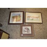 Mixed Lot: A watercolour study of a flint barn, signed Robinson, a further print of an owl and a