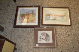 Mixed Lot: A watercolour study of a flint barn, signed Robinson, a further print of an owl and a