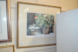 After Gramou, coloured print of a sleeping cat, framed and glazed