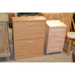 A modern light wood finish shoe rack and accompanying five drawer chest (2)