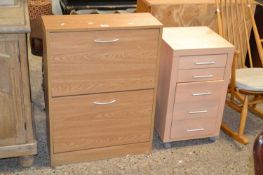 A modern light wood finish shoe rack and accompanying five drawer chest (2)