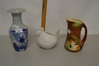 Mixed Lot: Blue and white baluster vase together with a further novelty jug and a chicken formed