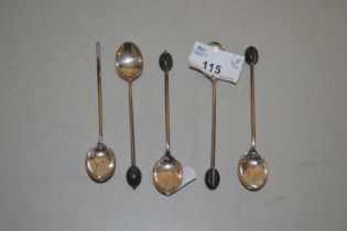Five silver bead end coffee spoons
