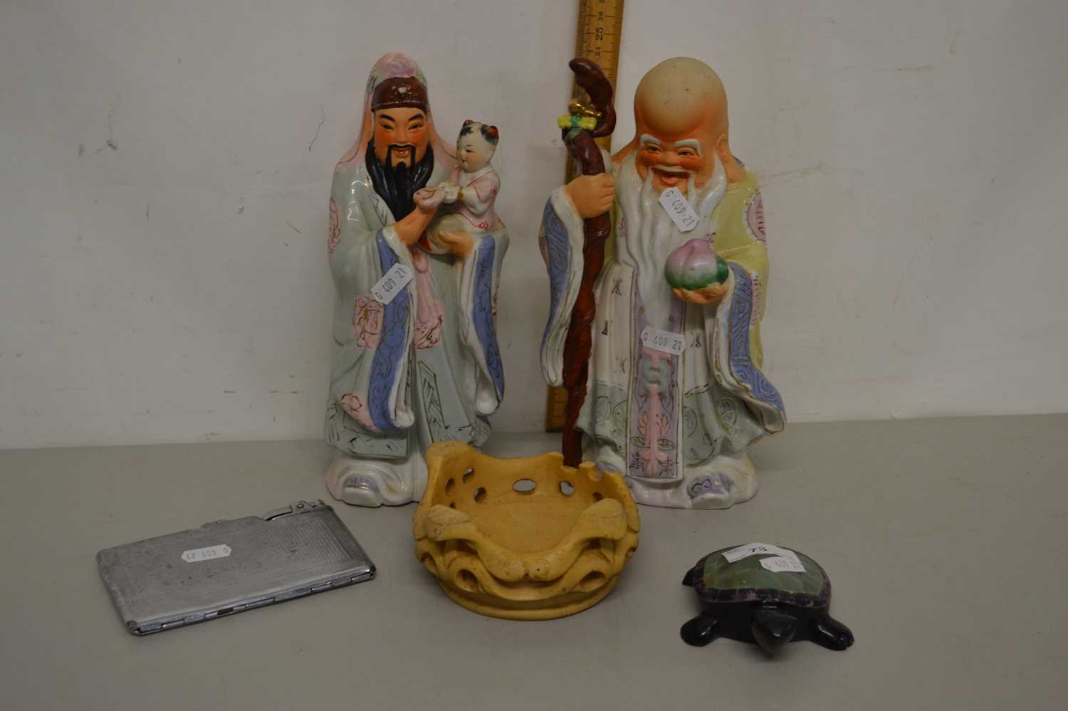 Mixed Lot: Pair of 20th Century Chinese figures, a vintage cigarette case, a polished stone turtle