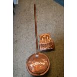 Copper bed warming pan together with a further Art Nouveau wall mounted letter rack, unsigned