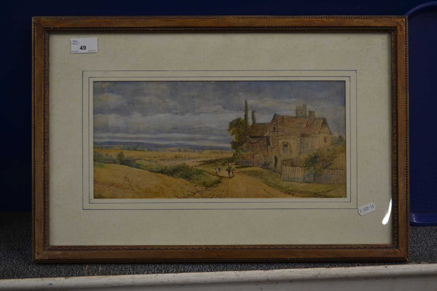 19th Century British School study of figures on a lane, watercolour, indistinctly signed, framed and