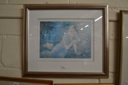 After Blanc, coloured print of a girl with flowers, framed and glazed