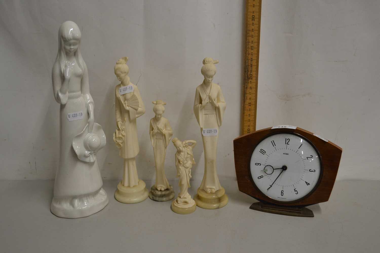Mixed Lot: Oriental resin figurines, a Metamec mantel clock etc