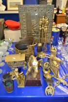 Mixed Lot: Various brass wares to include fire companion set, brass horses, coal bucket, Romany