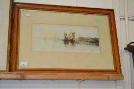 Coloured engraving of a bay scene, indistinctly signed in pencil, framed and glazed