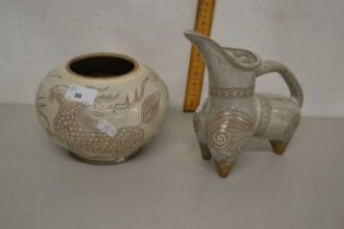 Contemporary Chinese vase decorated with goats together with a further three legged jug