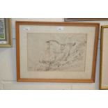 Sketch of an unseated rider and hounds, pen and ink, 38cm wide, glazed and framed