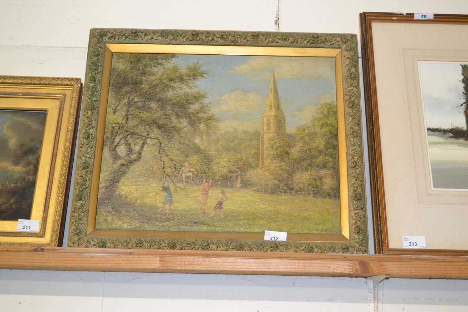 E.Costin, study of children playing around a tree, oil on canvas, set in a floral gilt frame