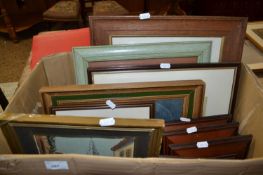 Box of various framed coloured prints, modern needlework picture, continental courtyard scene etc