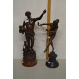 Reproduction Art Deco style bronze model of a dancer together with a further bronzed Spelter