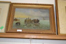 Early 20th Century school study of figures on a moored boat, oil on board, gilt frame