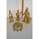 Mixed Lot: Various brass wares to include figure of Knights and a horseshoe shaped key rack