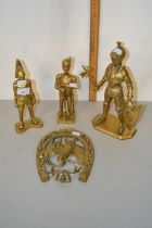 Mixed Lot: Various brass wares to include figure of Knights and a horseshoe shaped key rack