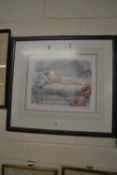 Calbet, study of a sleeping nude, coloured print, framed and glazed