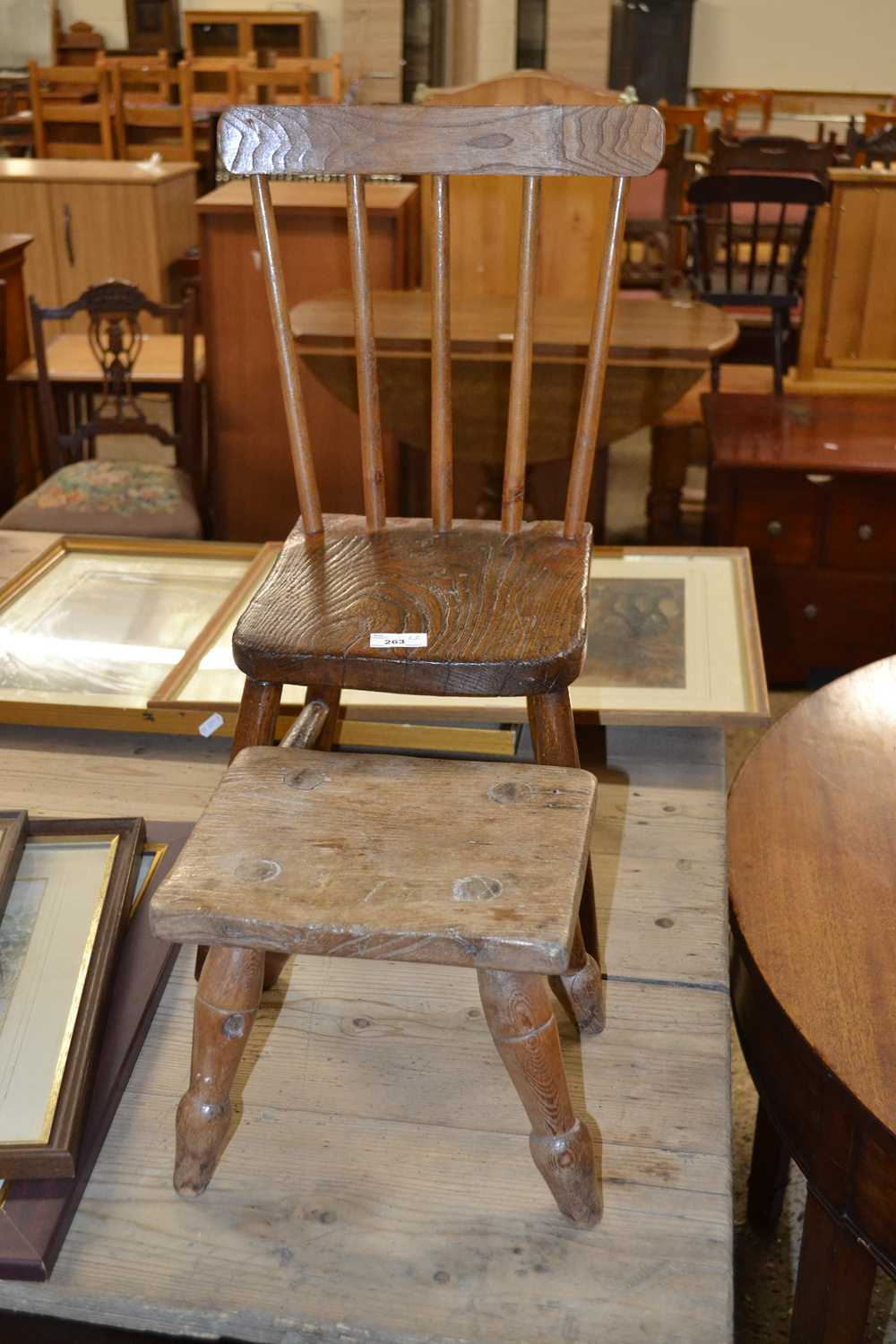 Late 19th Century elm seated child's chair together with a small milking stool (2)