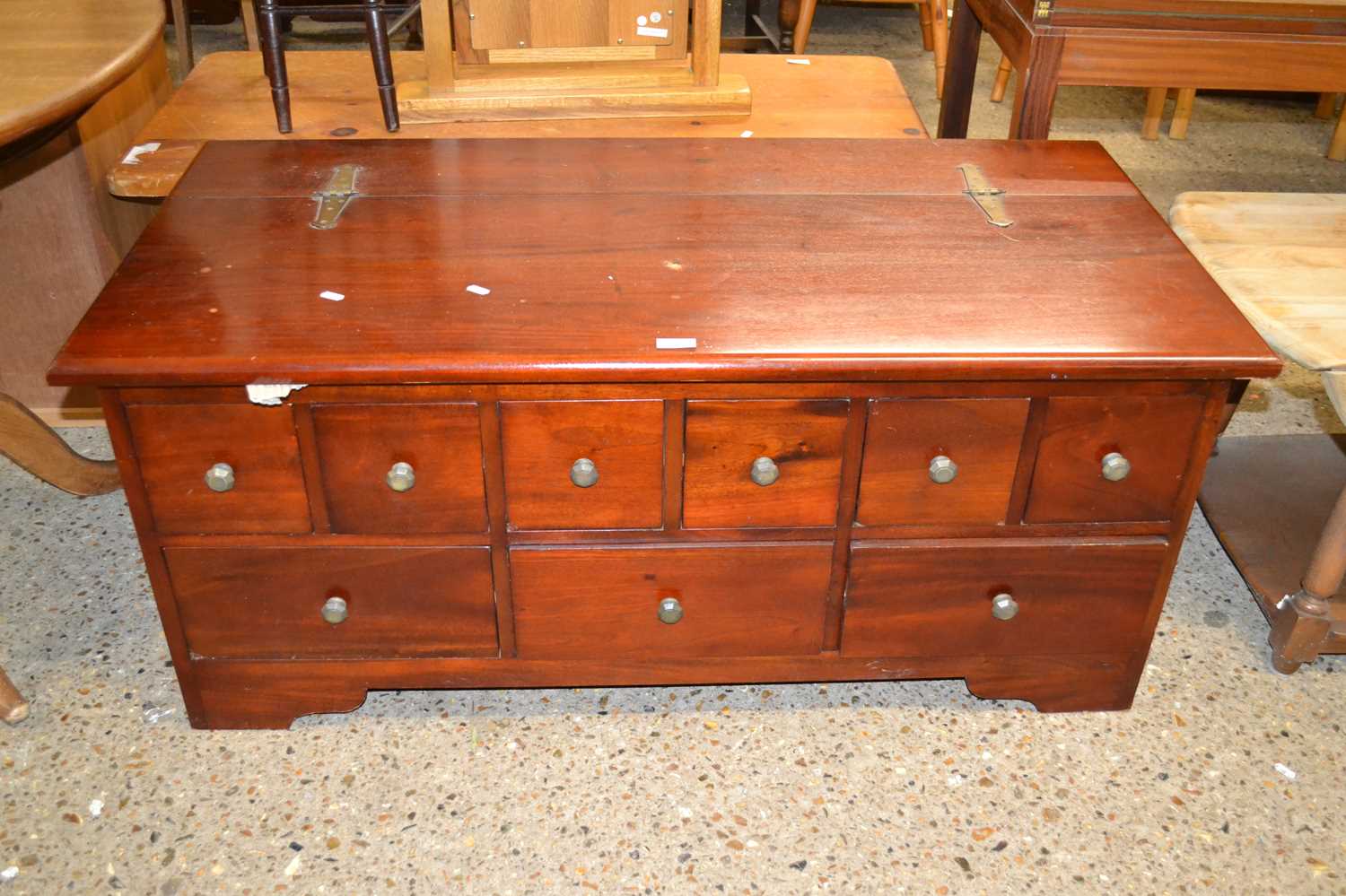 A modern nine drawer low chest with hinged lid