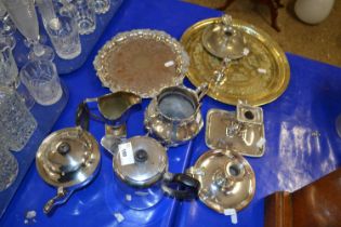 Mixed Lot: Various assorted silver plated wares, brass serving tray etc