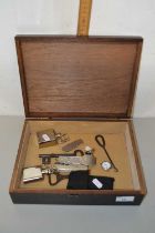 Box of various mixed items to include assorted pocket knives, small hip flask etc