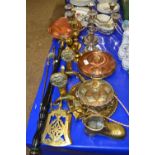 Mixed Lot: Silver plated candelabra, bed warming pans, brass fire irons, fire tools and other