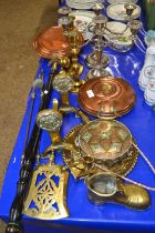 Mixed Lot: Silver plated candelabra, bed warming pans, brass fire irons, fire tools and other
