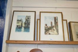 Set of five coloured engravings of Venetian and Italian scenes, framed and glazed