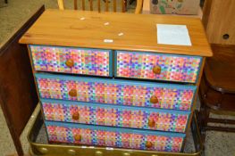 Modern pine five drawer chest with decorated drawer fronts