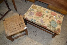 Small barley twist framed stool with floral top together with a further sisal covered stool (2)