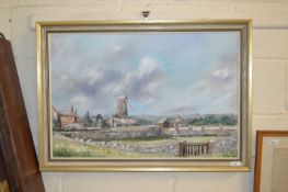 John Adamson, study of village scene with windmill, oil on canvas