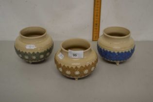 Group of three Royal Doulton cauldron style vases with floral decorations