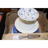 Three tier cake stand and a quantity of royal beauvais dinner plates