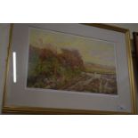 Hedgerow and field landscape by Morris Sheppard, print in gilt frame