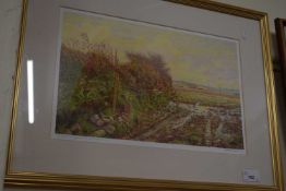 Hedgerow and field landscape by Morris Sheppard, print in gilt frame