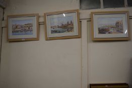Three continental harbour scenes, framed and glazed