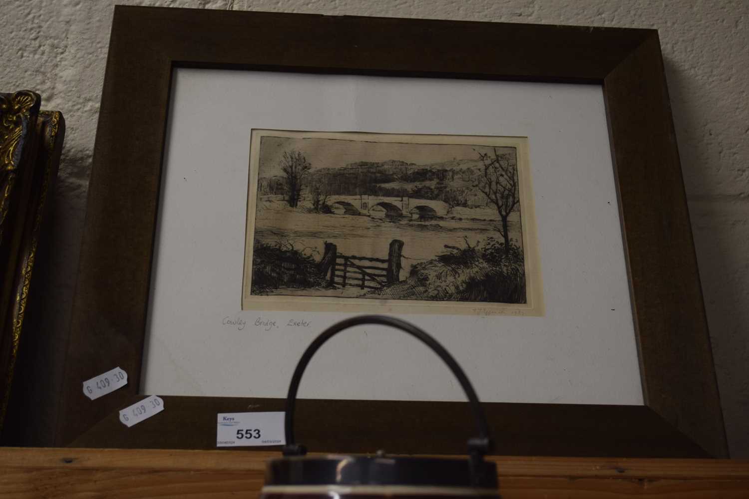 Cowley Bridge, Exeter, etching signed F Eggerton, framed and glazed