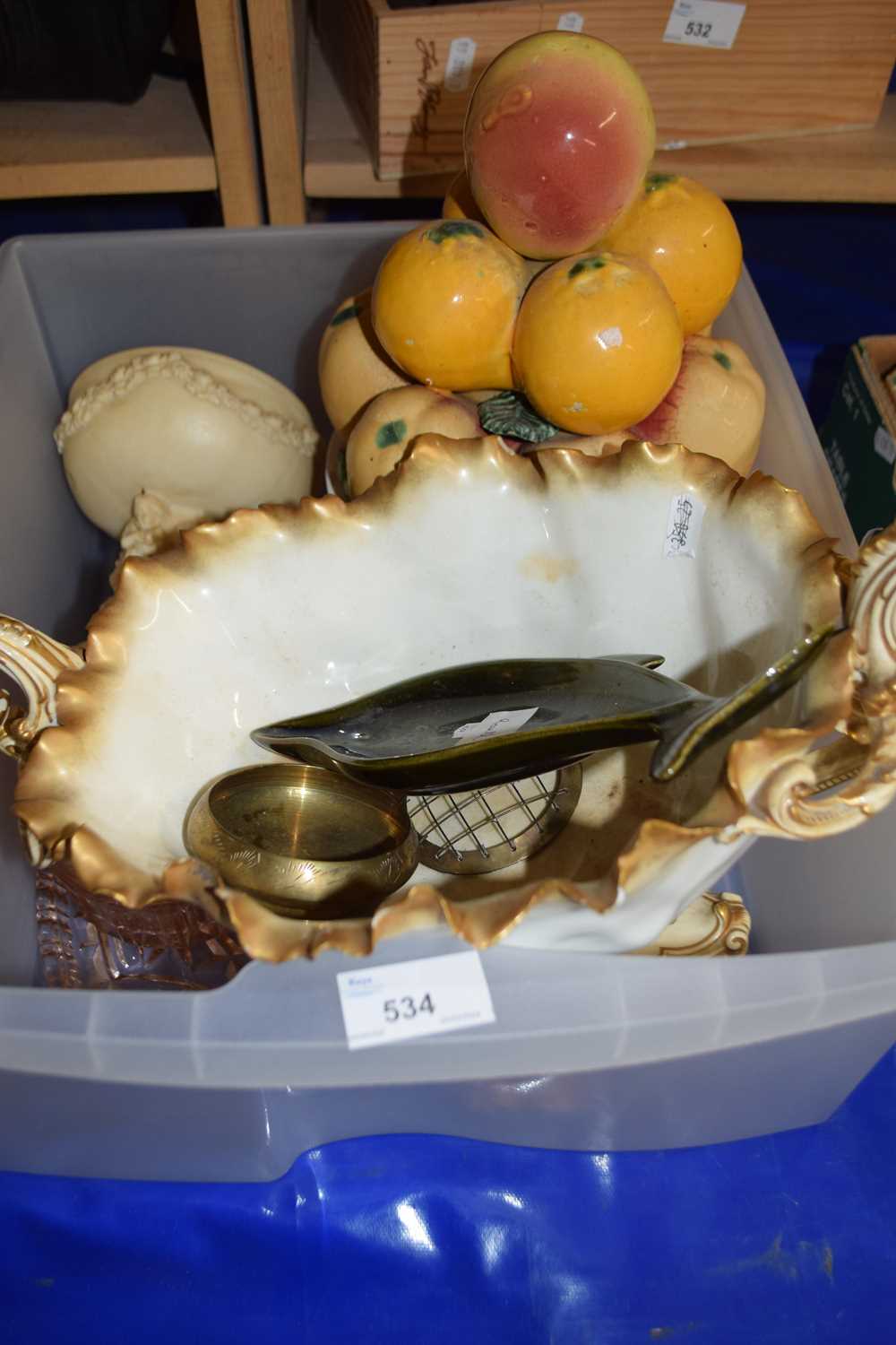 Mixed Lot: Porcelain model fruit, a Moore Bros centre piece (cracked), peach glass dressing table