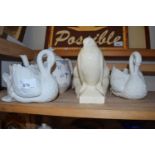 Pair of swan planters, dove bookend and a teapot