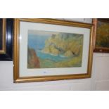 E.Wright, study of a Cornish cliff side view, watercolour, framed and glazed