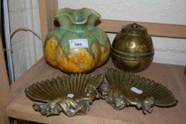 Two Art Nouveau style metal dishes together with a tea caddy and a Cromer vase