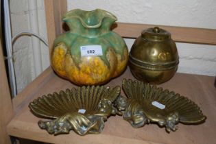 Two Art Nouveau style metal dishes together with a tea caddy and a Cromer vase