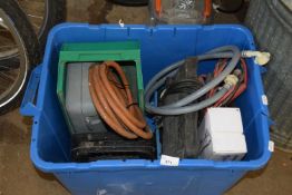 A box of various mixed items to include extension lead, spotlight, jump leads etc