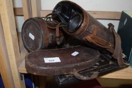 Pair of binoculars, pair of cased white metal cups and a shell inlaid tray