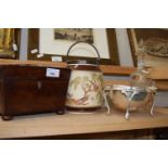 Mahogany tea caddy, tobacco jar, muffin dish and decanter