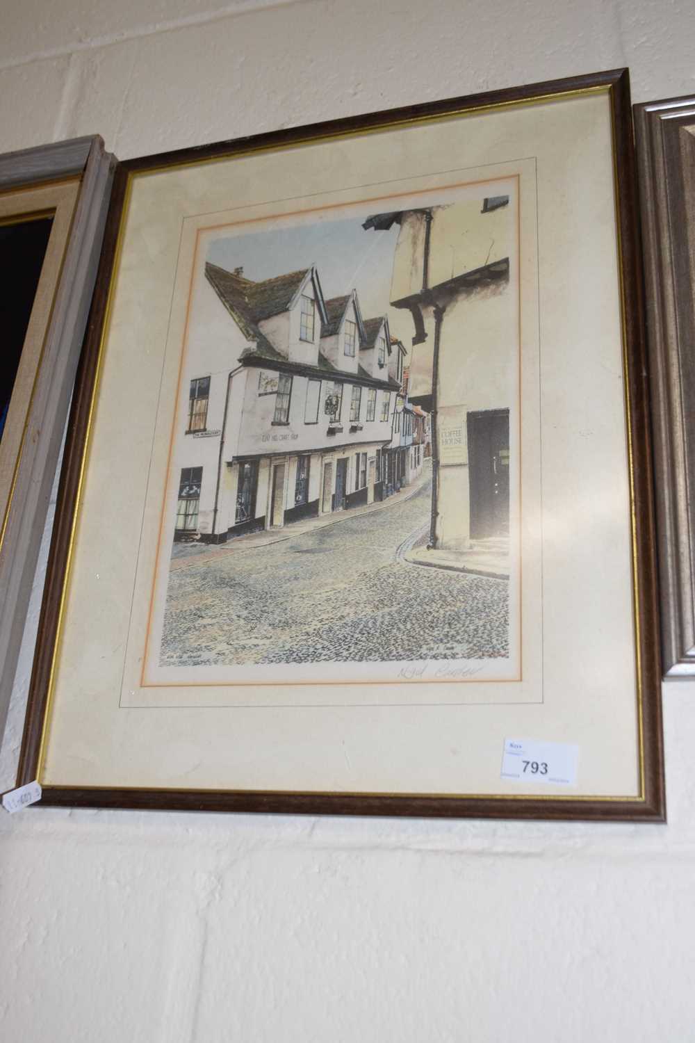 Elm Hill, reproduction print by Nigel Cardew, framed and glazed