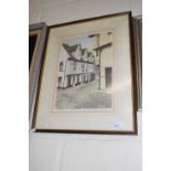 Elm Hill, reproduction print by Nigel Cardew, framed and glazed